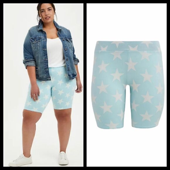 1X 14W 16W Torrid Blue & White Star Bike Shorts High Waist Stretch Loungewear - Picture 1 of 7